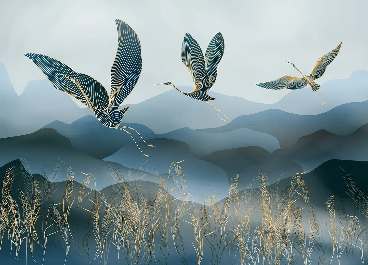 Wall Mural Cranes in the Fog, Made to Measure, FT5P 352017