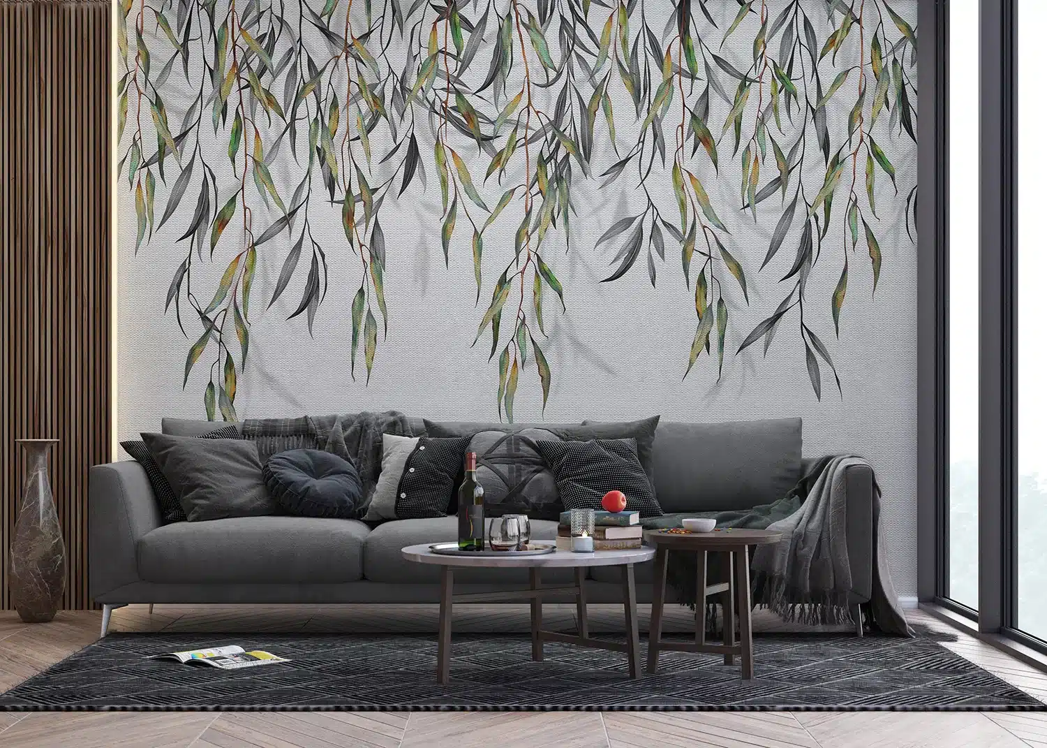 Wall Mural Hanging Grey Watercolor Leaves, Made to Measure, FT5P 352227 3