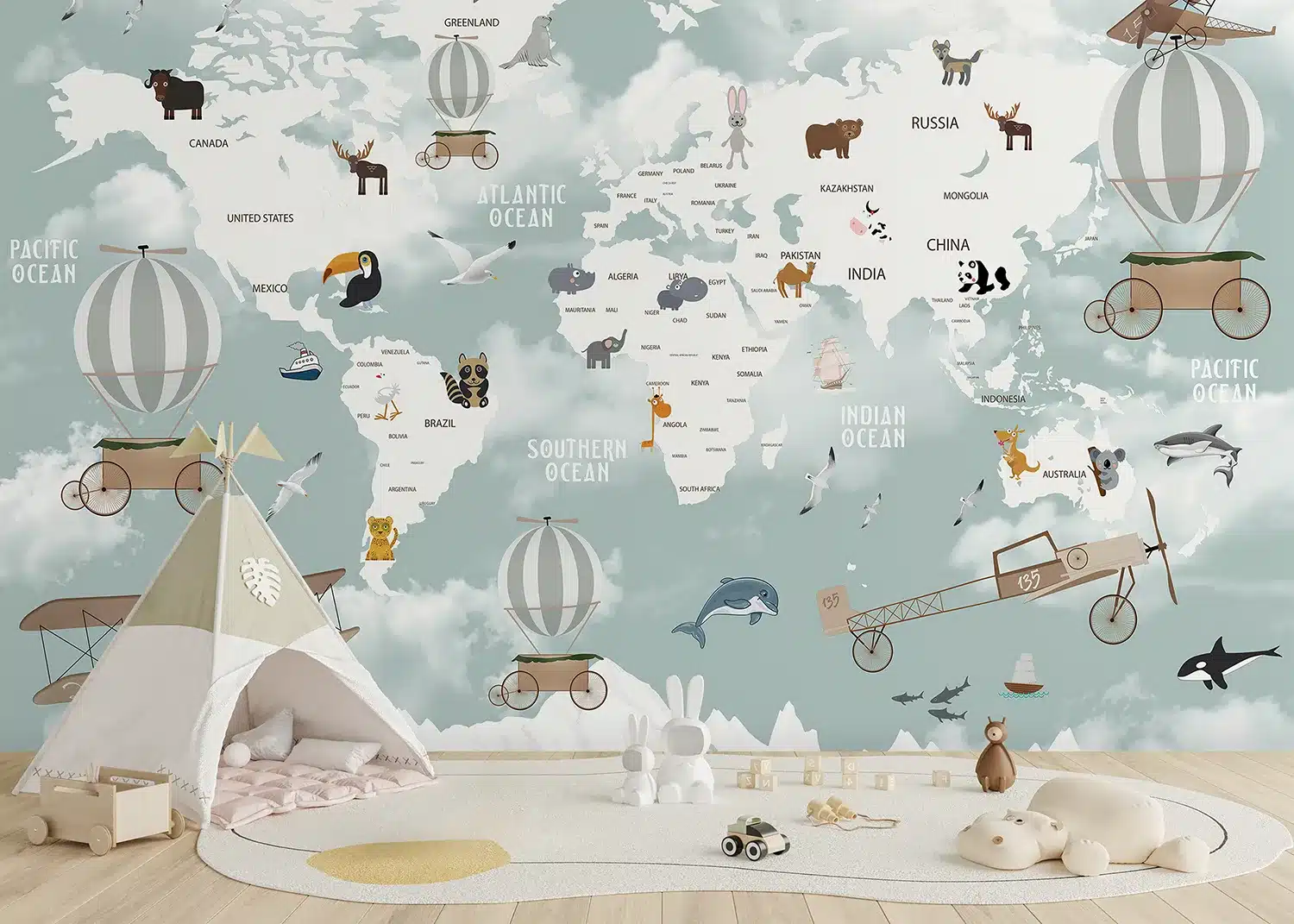 Animals' World Map | Made-to-Measure Kids Wallpaper | Artlook | FTD5P 3091 3