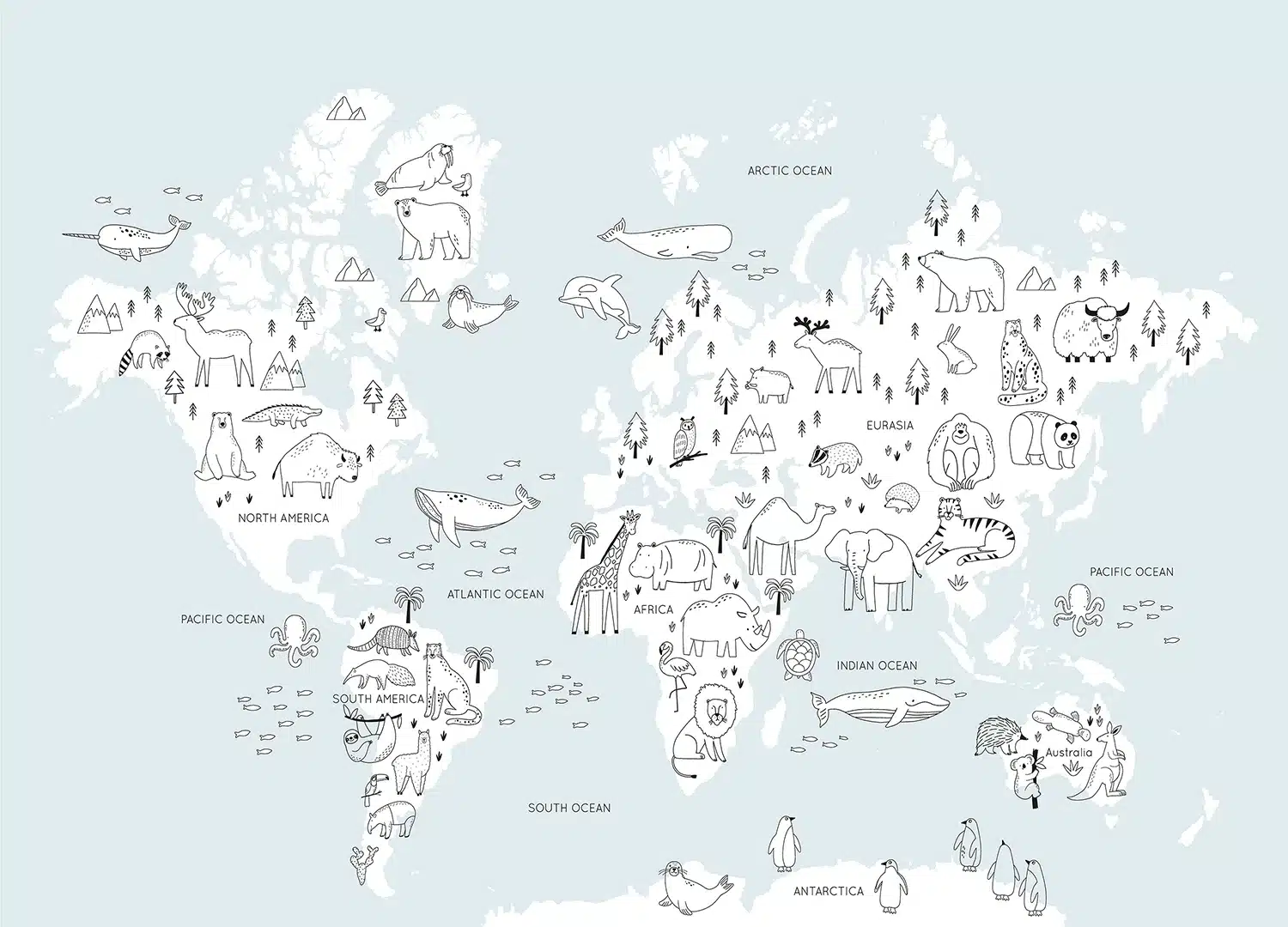 Monochrome Animals World Map | Made-to-Measure Kids Wallpaper | Artlook | FTD5P 352441