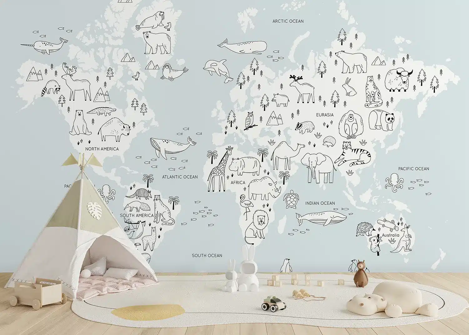 Monochrome Animals World Map | Made-to-Measure Kids Wallpaper | Artlook | FTD5P 352441 3