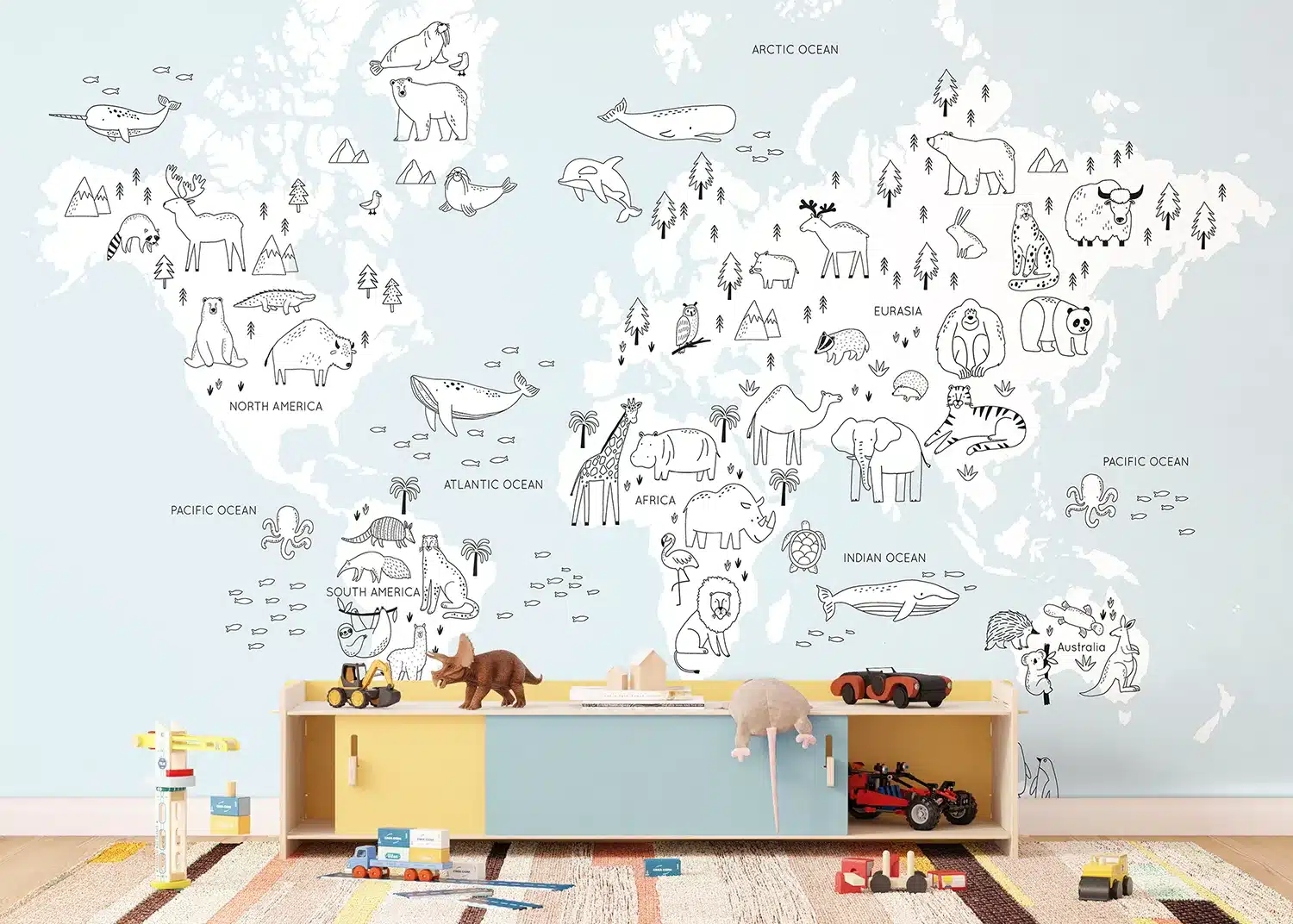 Monochrome Animals World Map | Made-to-Measure Kids Wallpaper | Artlook | FTD5P 352441 2