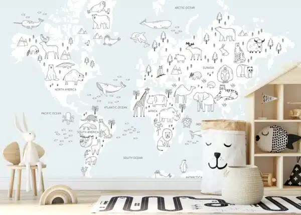 Monochrome Animals World Map | Made-to-Measure Kids Wallpaper | Artlook | FTD5P 352441