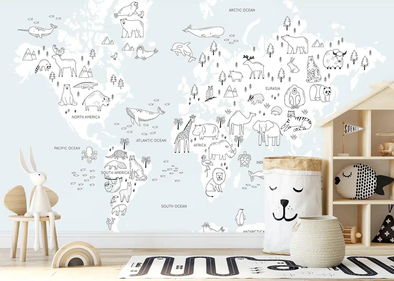 Monochrome Animals World Map | Made-to-Measure Kids Wallpaper | Artlook | FTD5P 352441
