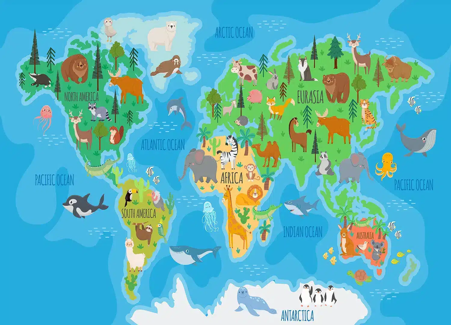 Vivid Animals World Map | Made-to-Measure Kids Wallpaper | Artlook | FTD5P 352443
