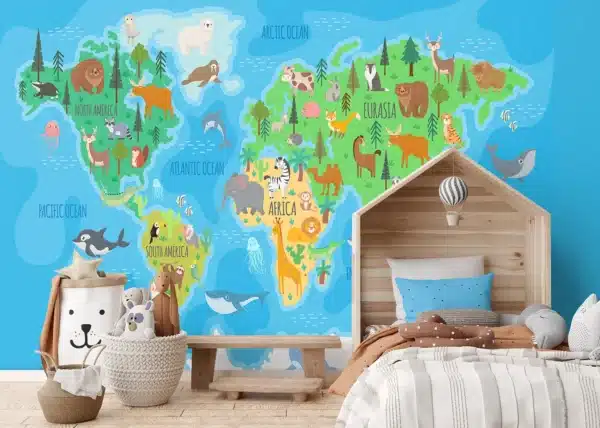 Vivid Animals World Map | Made-to-Measure Kids Wallpaper | Artlook | FTD5P 352443