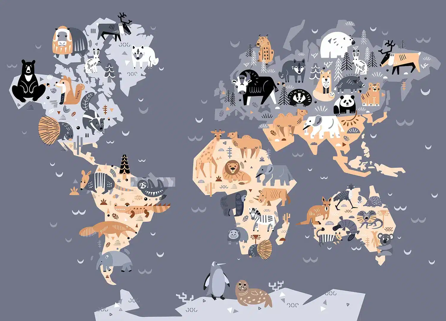 Dark Animals World Map | Made-to-Measure Kids Wallpaper | Artlook | FTD5P 352445