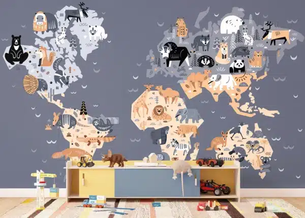 Dark Animals World Map | Made-to-Measure Kids Wallpaper | Artlook | FTD5P 352445