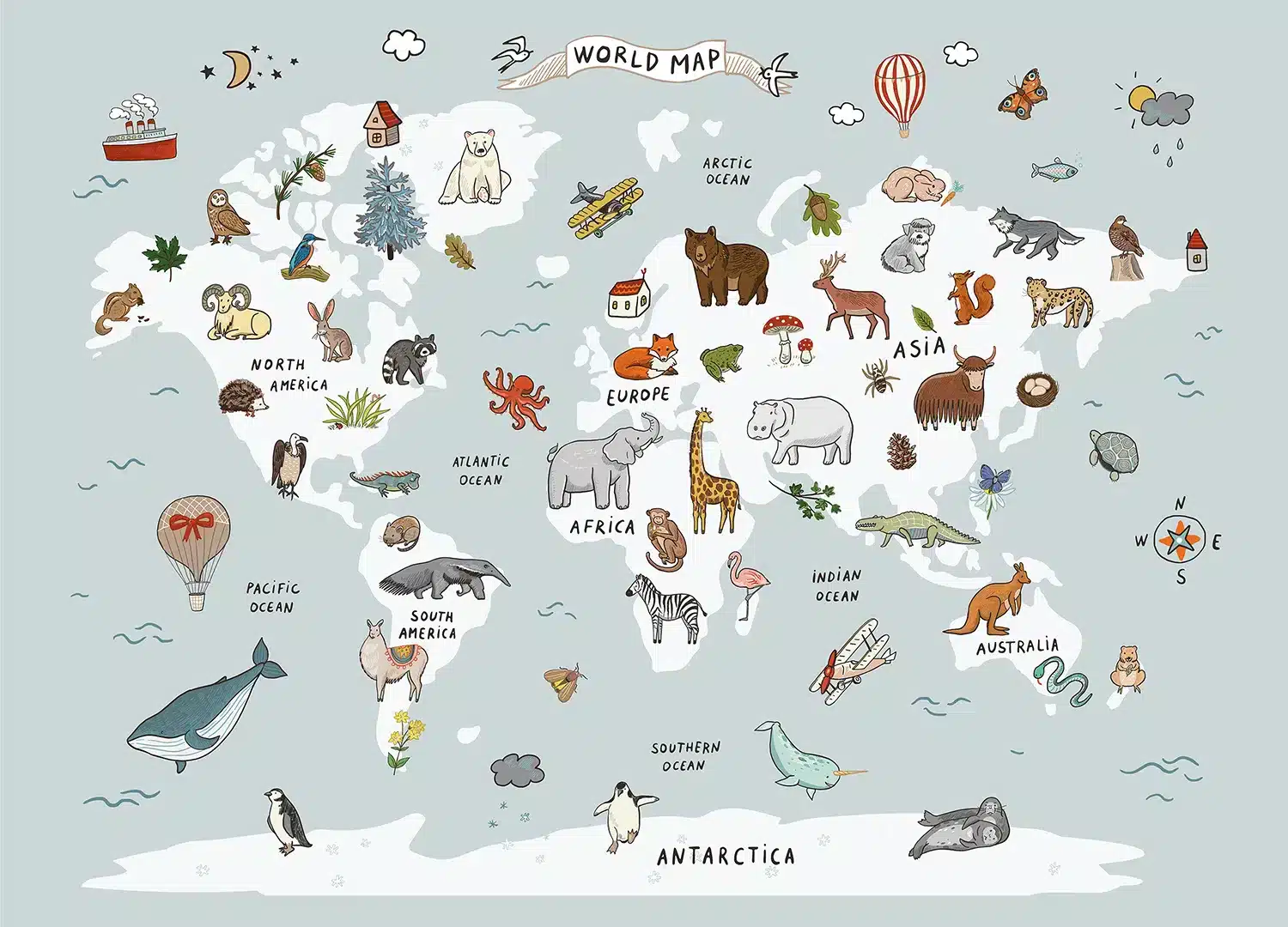 White & Blue Animals World Map Doodle | Made-to-Measure Kids Wallpaper | Artlook | FTD5P 352447