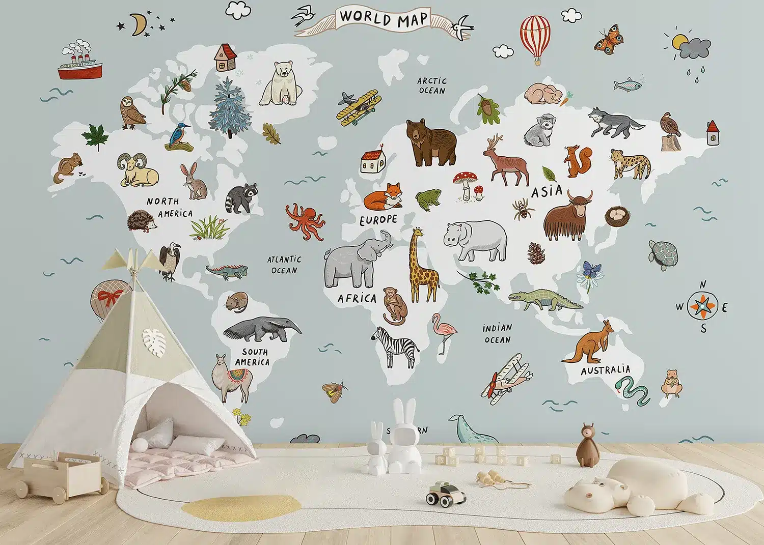 White & Blue Animals World Map Doodle | Made-to-Measure Kids Wallpaper | Artlook | FTD5P 352447 3