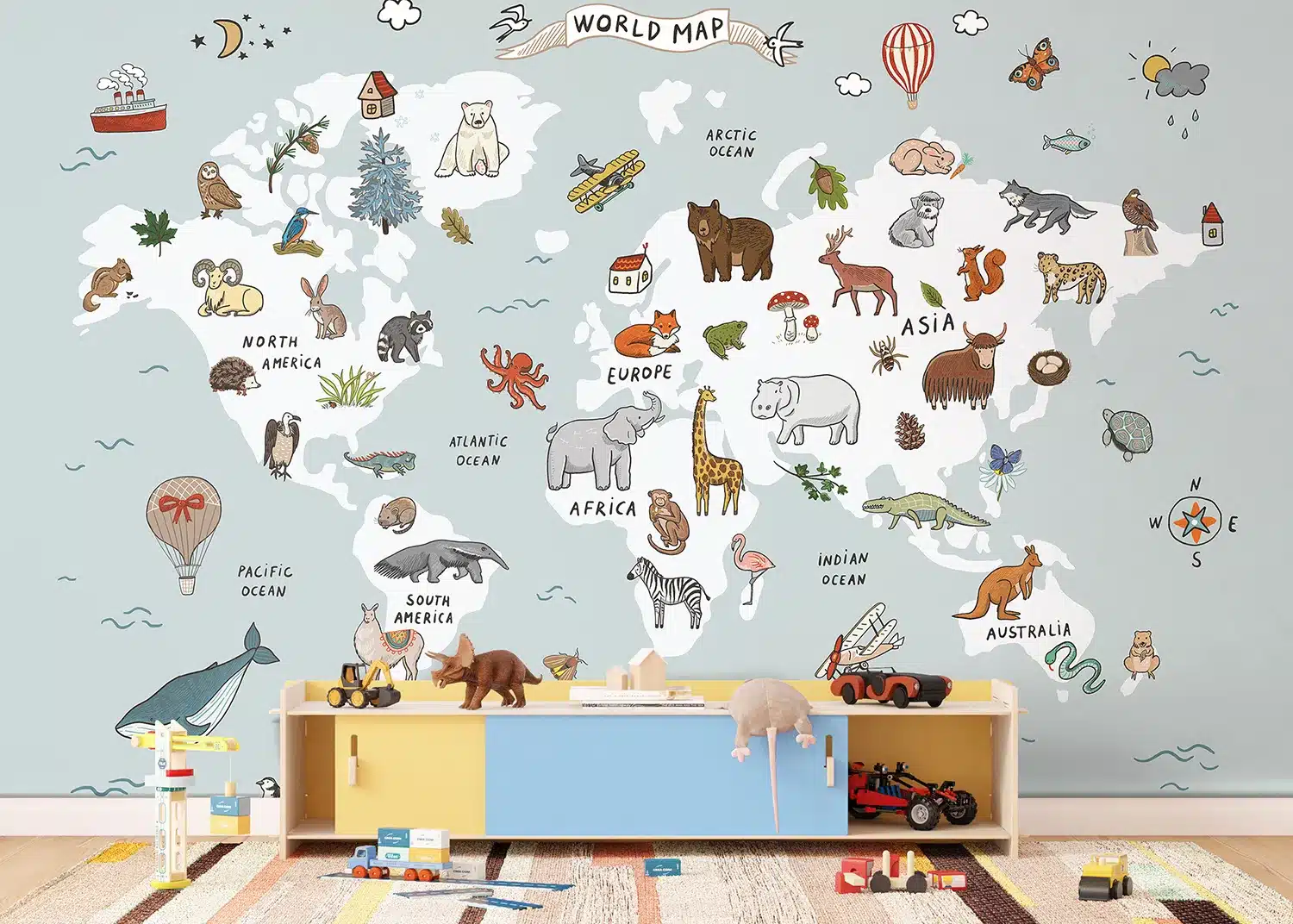 White & Blue Animals World Map Doodle | Made-to-Measure Kids Wallpaper | Artlook | FTD5P 352447 2