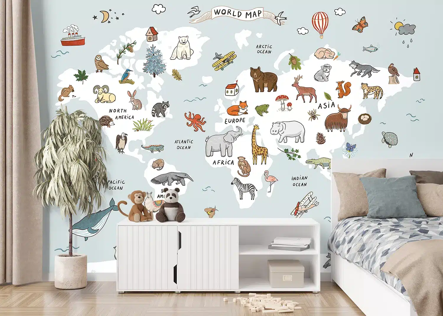 White & Blue Animals World Map Doodle | Made-to-Measure Kids Wallpaper | Artlook | FTD5P 352447