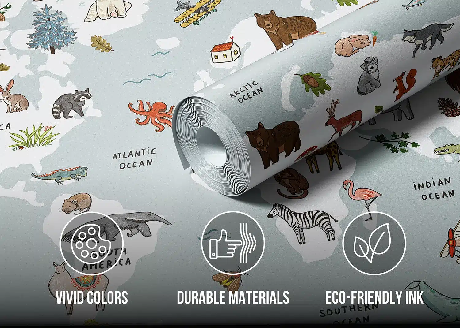 White & Blue Animals World Map Doodle | Made-to-Measure Kids Wallpaper | Artlook | FTD5P 352447 4