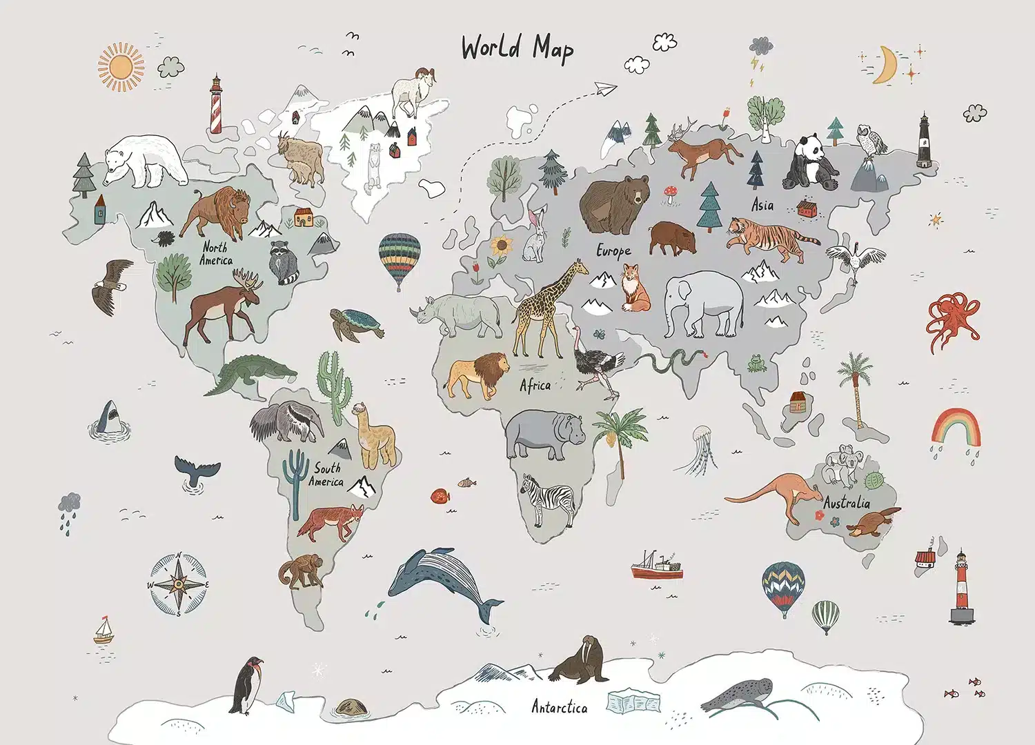 Grey Animals World Map Doodle | Made-to-Measure Kids Wallpaper | Artlook | FTD5P 352449