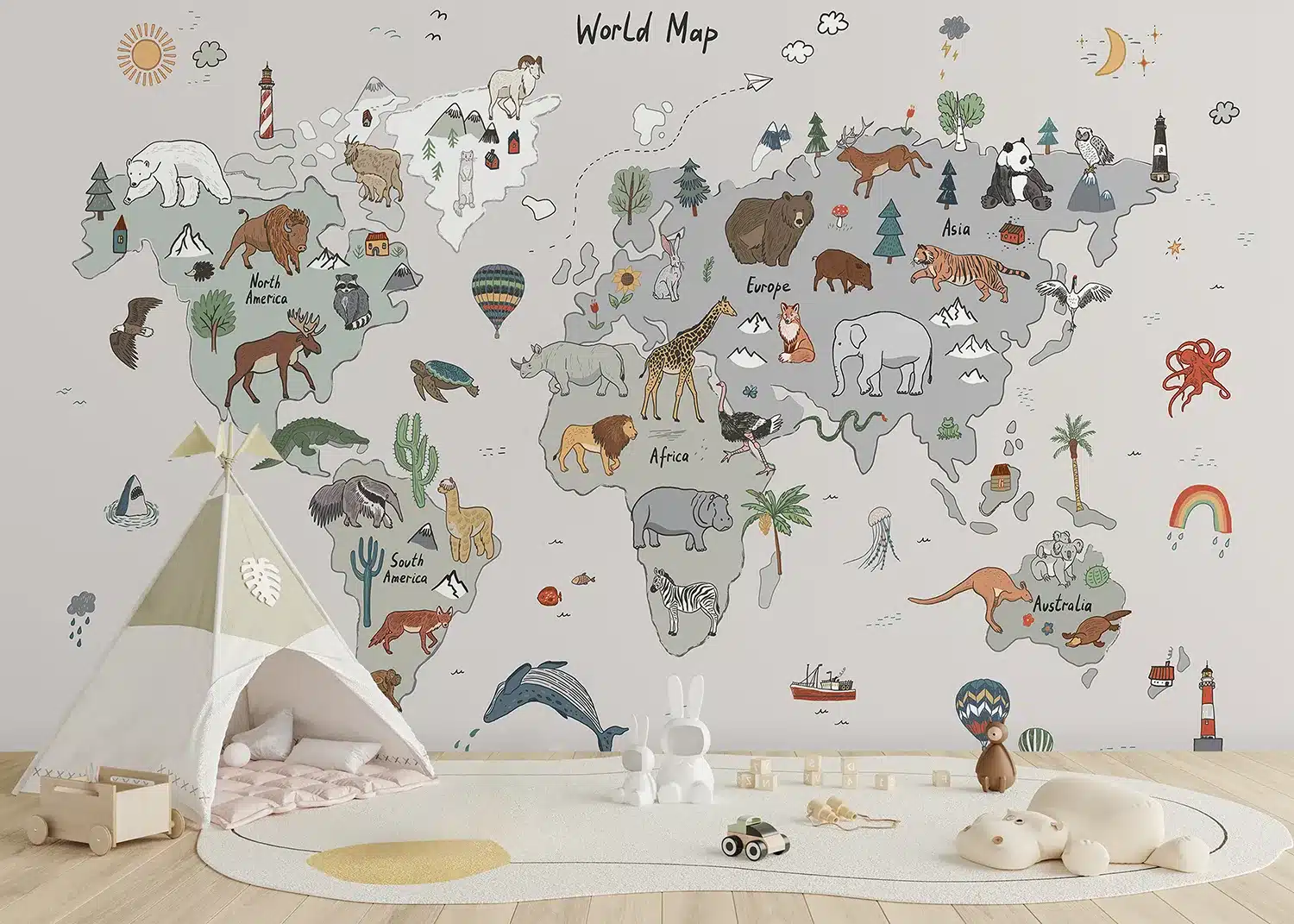 Grey Animals World Map Doodle | Made-to-Measure Kids Wallpaper | Artlook | FTD5P 352449 3