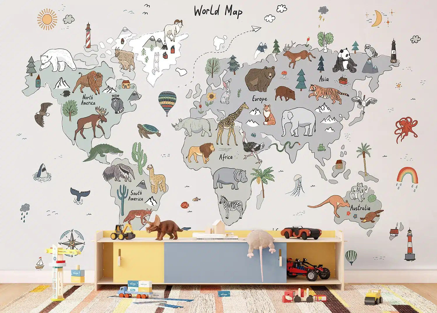 Grey Animals World Map Doodle | Made-to-Measure Kids Wallpaper | Artlook | FTD5P 352449 2