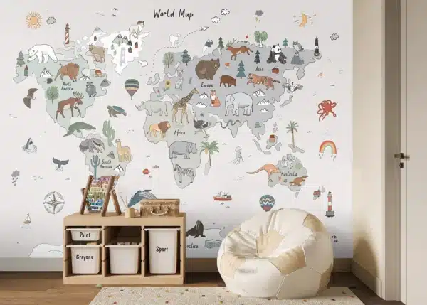 Grey Animals World Map Doodle | Made-to-Measure Kids Wallpaper | Artlook | FTD5P 352449