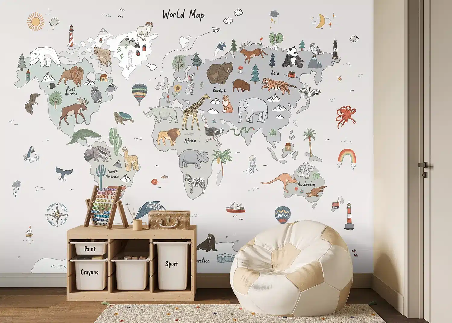 Grey Animals World Map Doodle | Made-to-Measure Kids Wallpaper | Artlook | FTD5P 352449