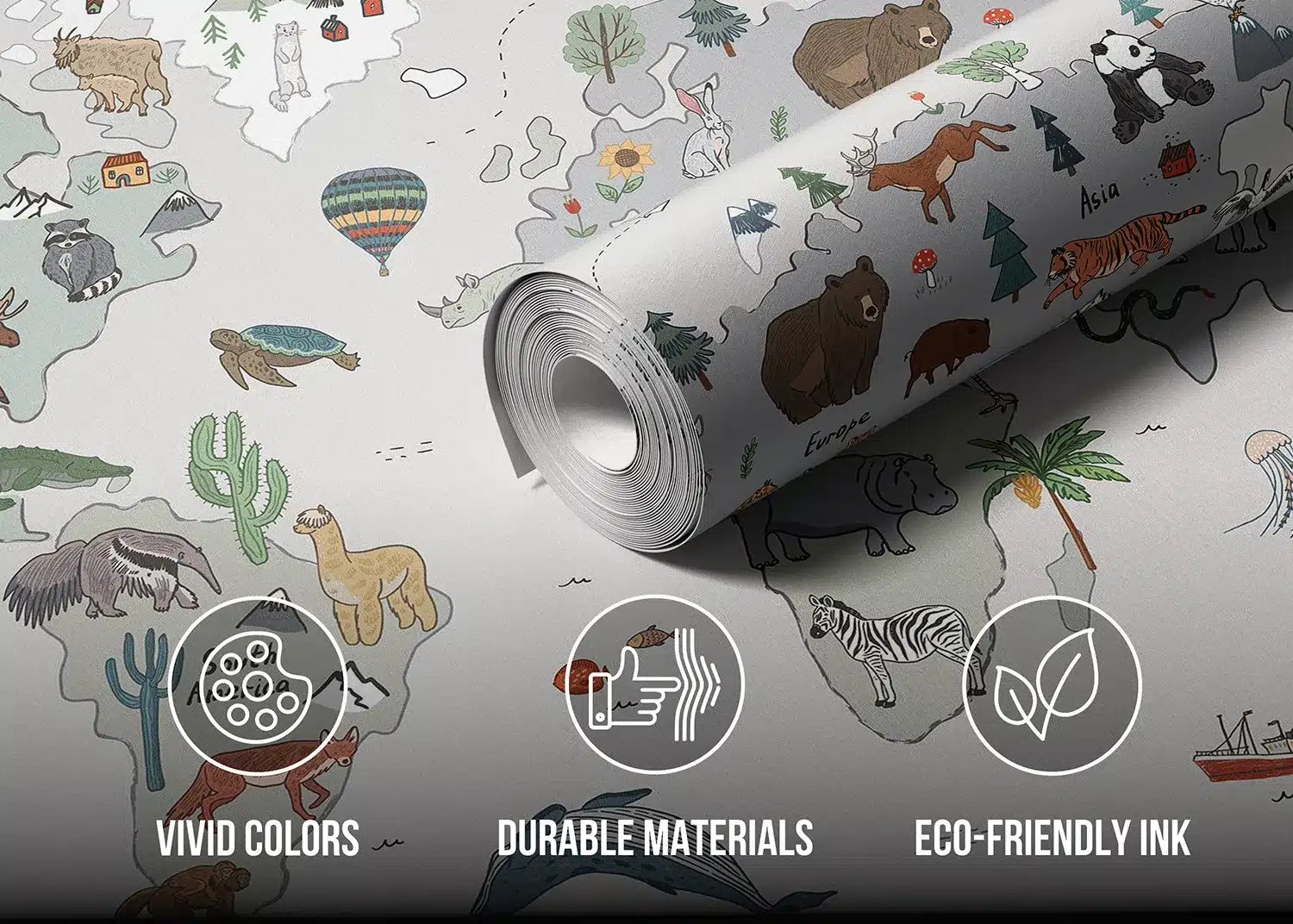Grey Animals World Map Doodle | Made-to-Measure Kids Wallpaper | Artlook | FTD5P 352449 4