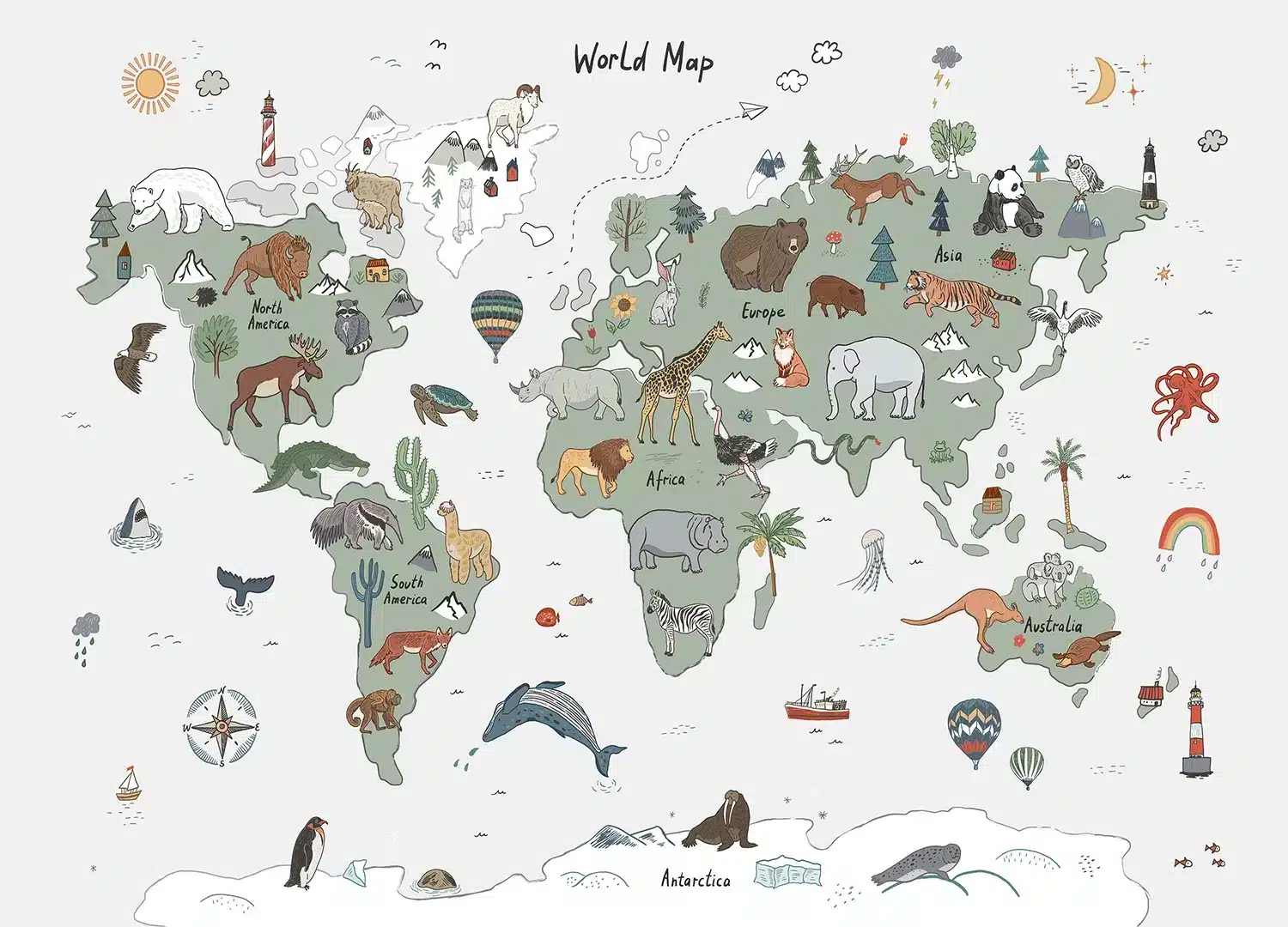 Green & Grey Animals World Map Doodle | Made-to-Measure Kids Wallpaper | Artlook | FTD5P 352451