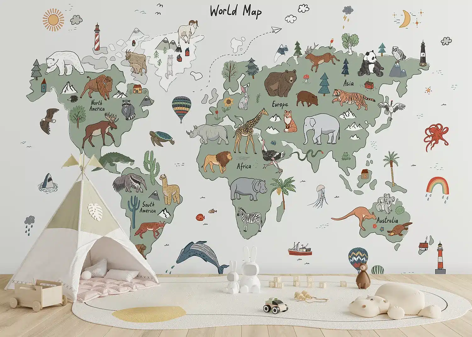 Green & Grey Animals World Map Doodle | Made-to-Measure Kids Wallpaper | Artlook | FTD5P 352451 3