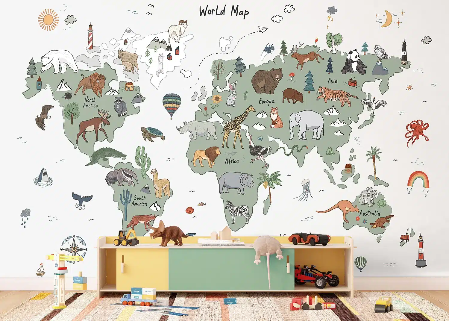 Green & Grey Animals World Map Doodle | Made-to-Measure Kids Wallpaper | Artlook | FTD5P 352451 2