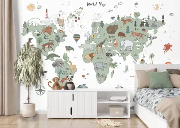 Green & Grey Animals World Map Doodle | Made-to-Measure Kids Wallpaper | Artlook | FTD5P 352451
