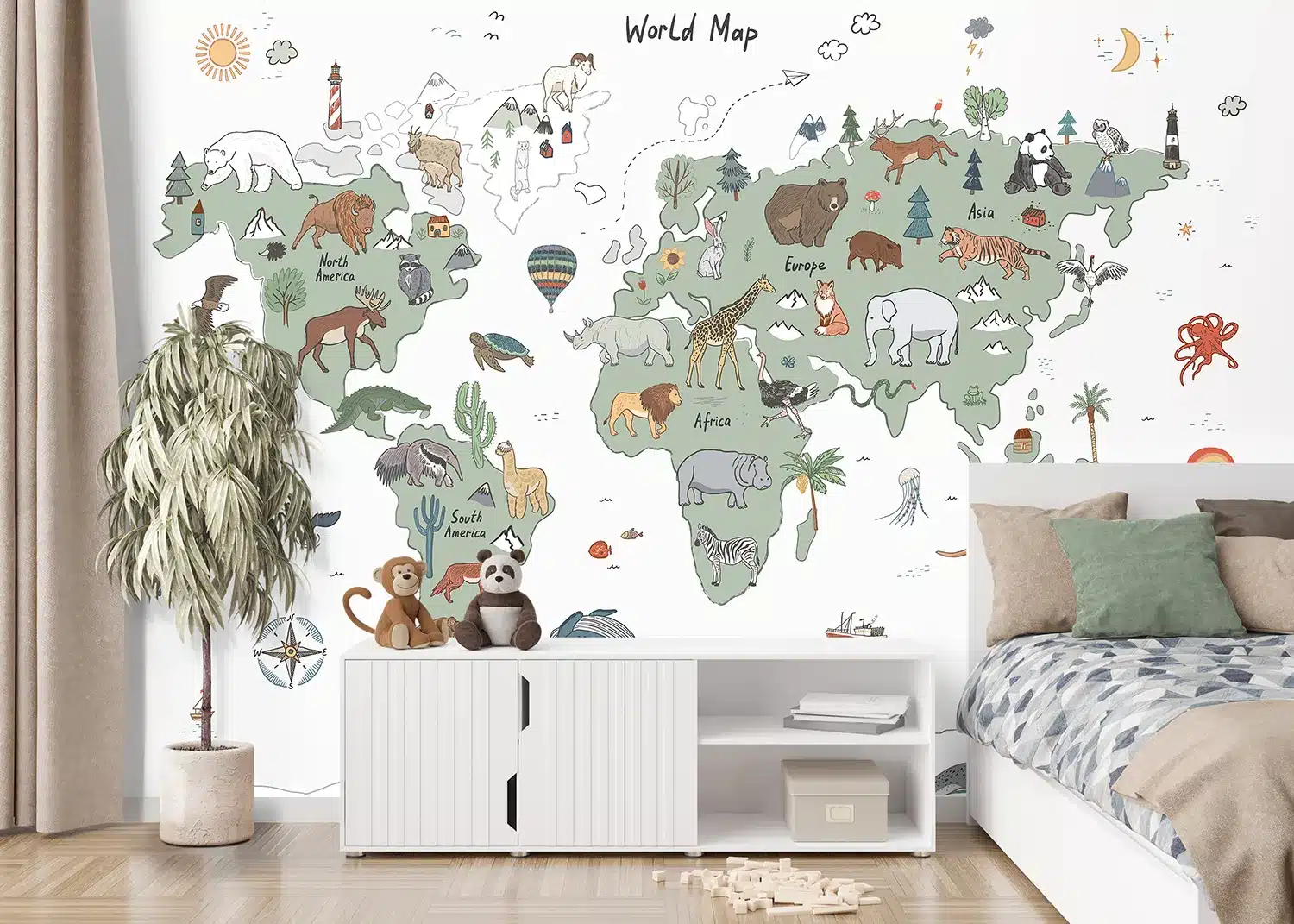 Green & Grey Animals World Map Doodle | Made-to-Measure Kids Wallpaper | Artlook | FTD5P 352451