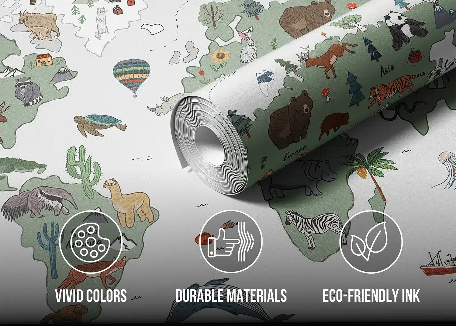 Green & Grey Animals World Map Doodle | Made-to-Measure Kids Wallpaper | Artlook | FTD5P 352451 4