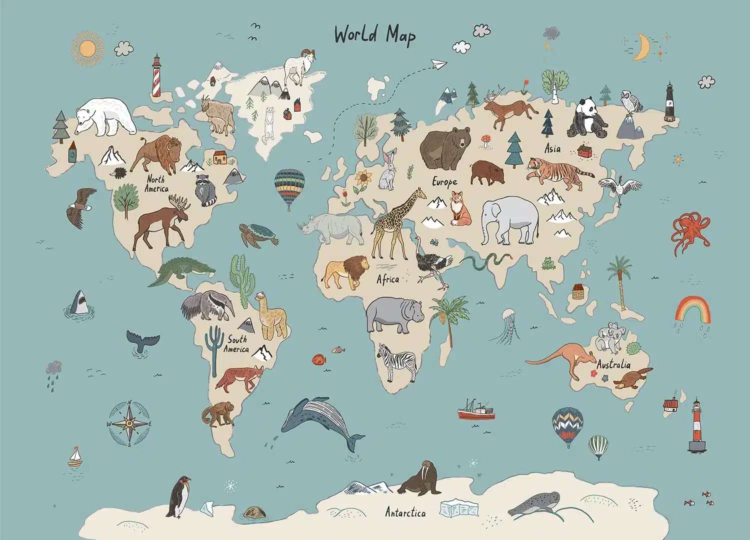 Beige & Blue Animals World Map Doodle | Made-to-Measure Kids Wallpaper | Artlook | FTD5P 352453