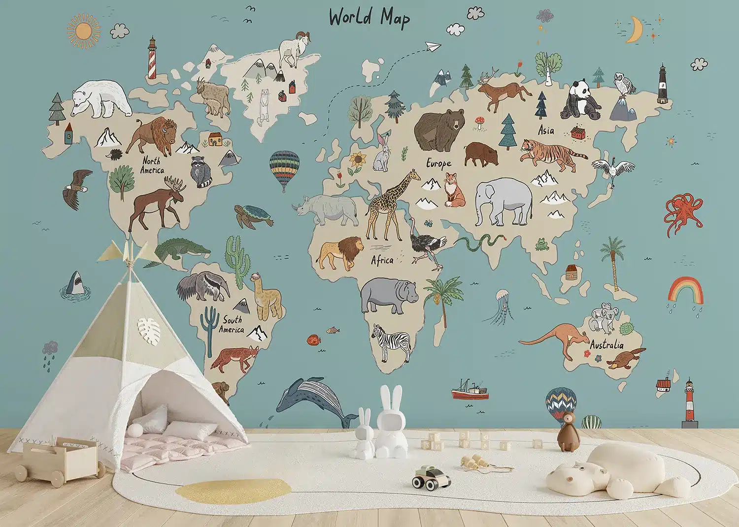 Beige & Blue Animals World Map Doodle | Made-to-Measure Kids Wallpaper | Artlook | FTD5P 352453 3