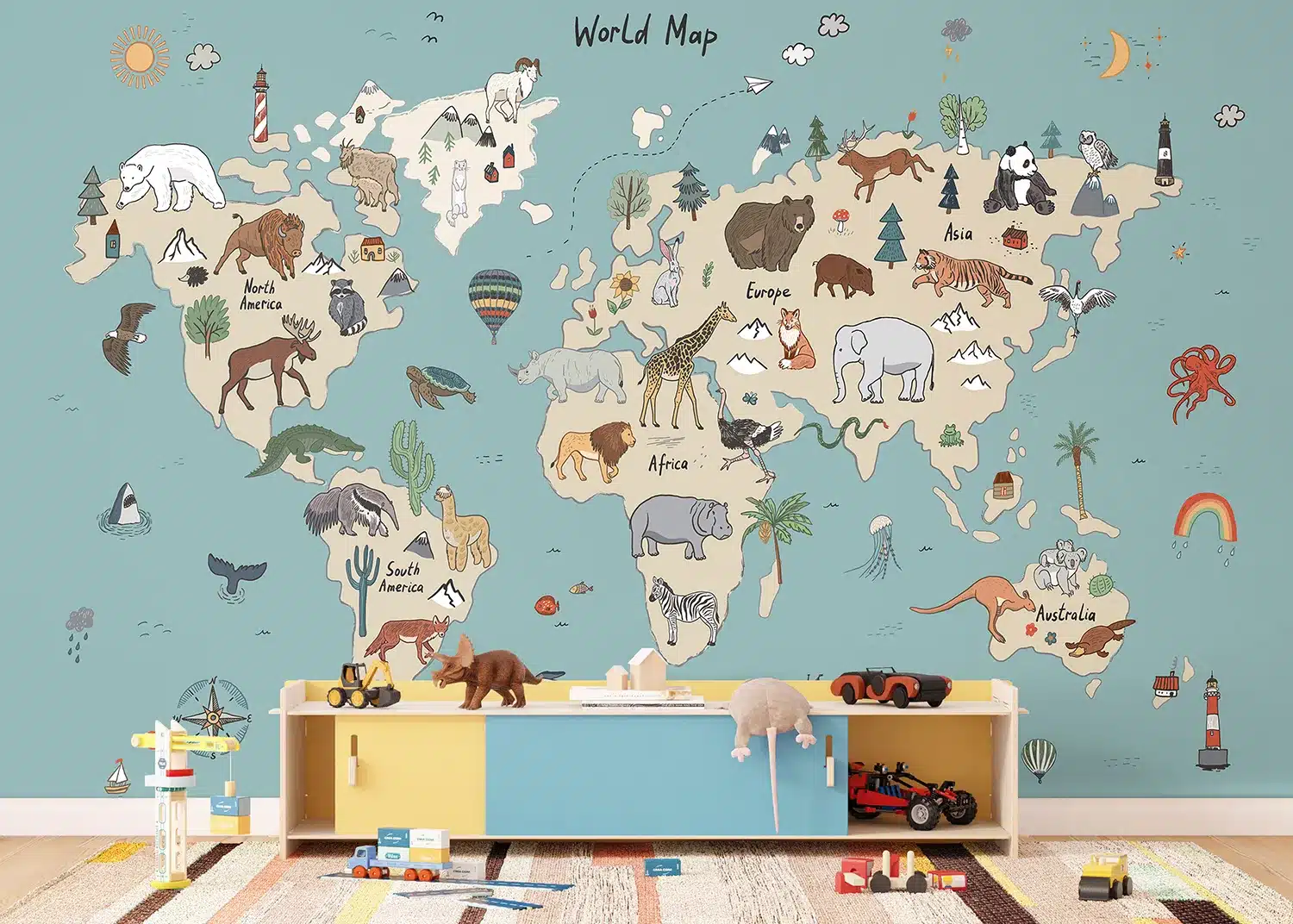 Beige & Blue Animals World Map Doodle | Made-to-Measure Kids Wallpaper | Artlook | FTD5P 352453 2