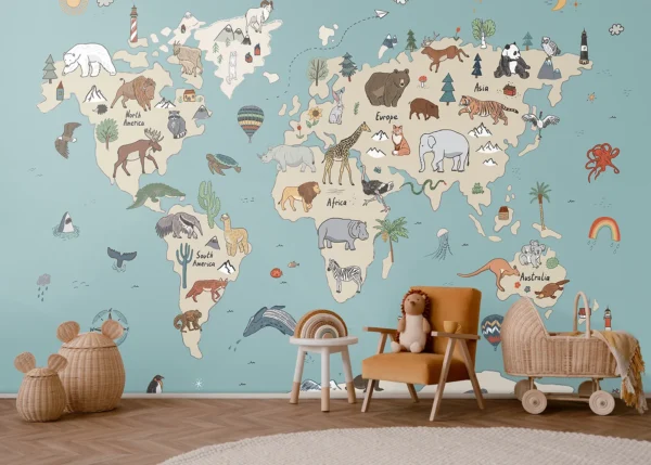 Beige & Blue Animals World Map Doodle | Made-to-Measure Kids Wallpaper | Artlook | FTD5P 352453