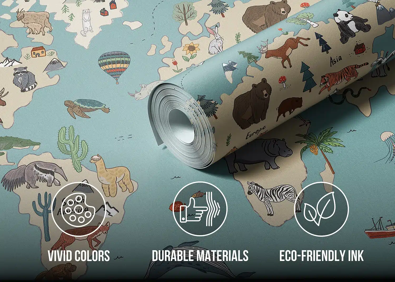 Beige & Blue Animals World Map Doodle | Made-to-Measure Kids Wallpaper | Artlook | FTD5P 352453 4